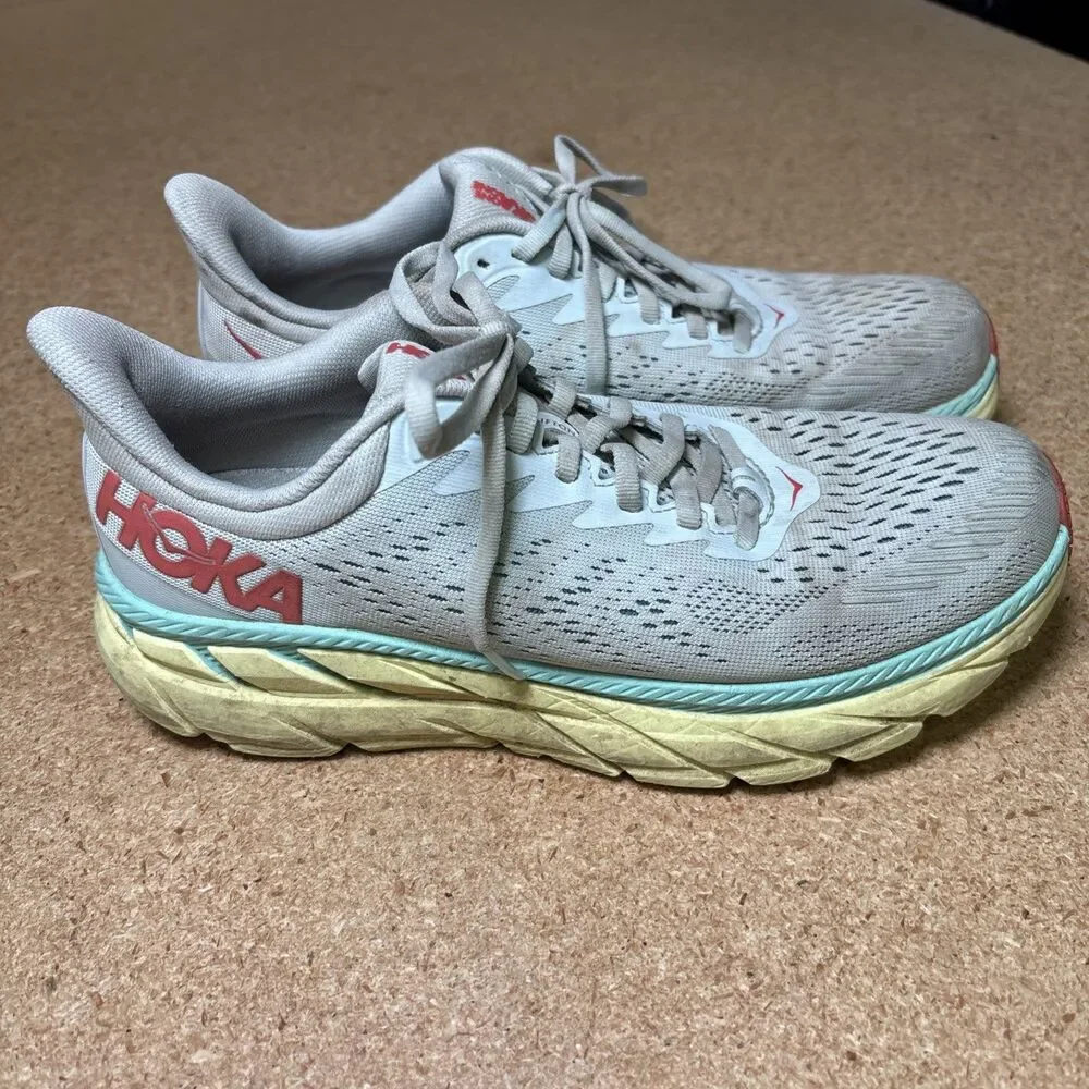 Hoka One One Clifton 7 Shoes Womens 8.5 Morning Mist Hot Coral Running